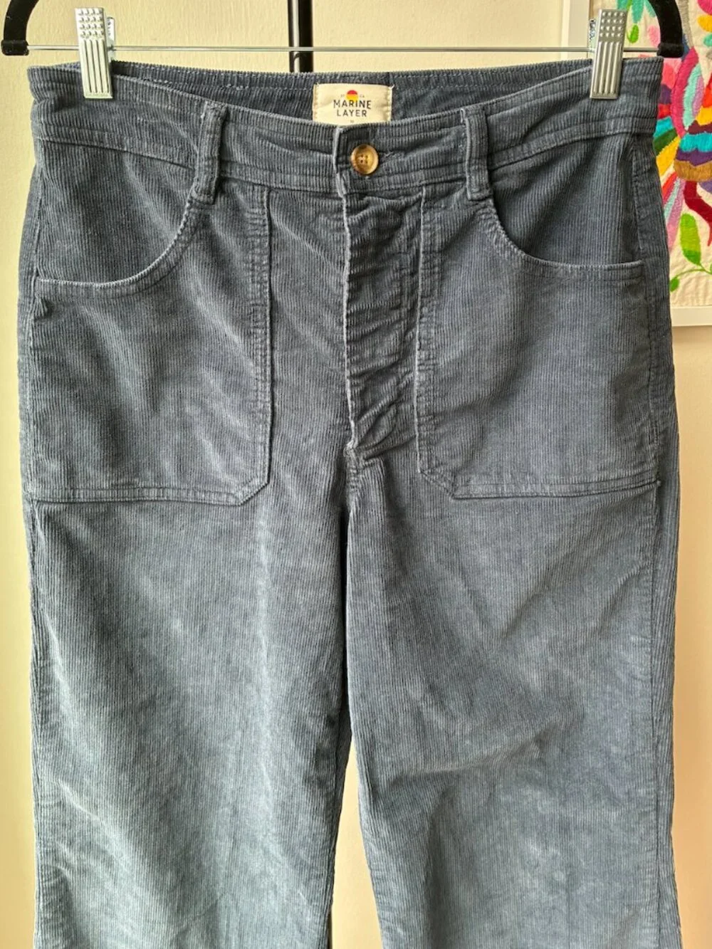 Maine Layer Blue Corduroy Flare Pants with a Raw Hem - Size 10